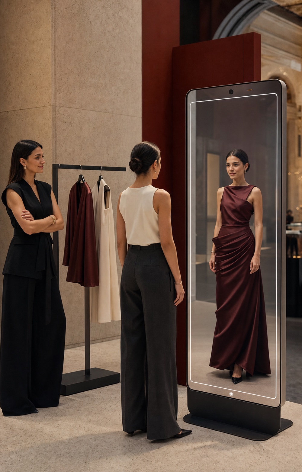 An independent designer presents a collection as a shopper virtually tries a different designer look in DreamMirror