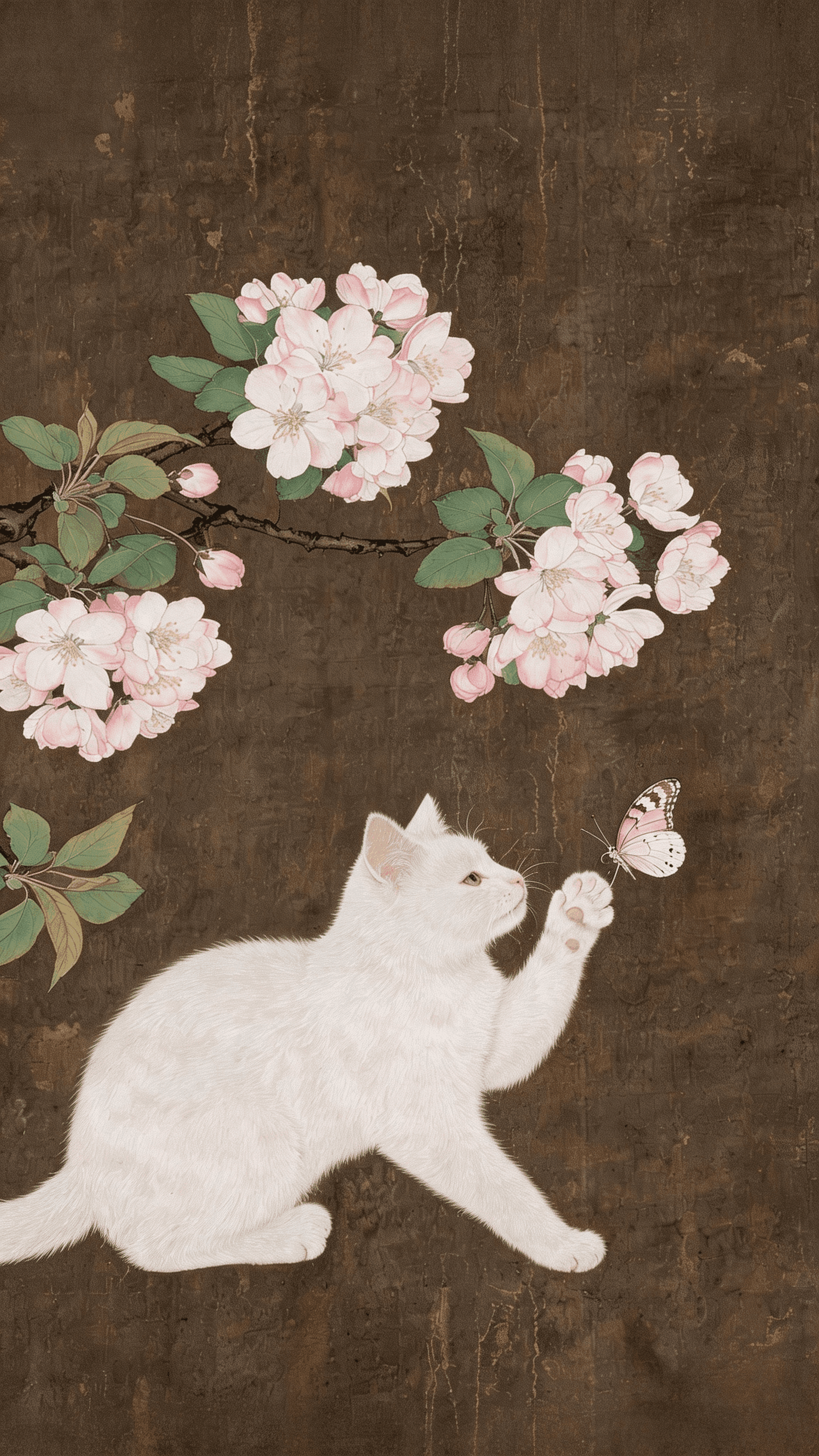 Original cat, flowers and butterfly illustration