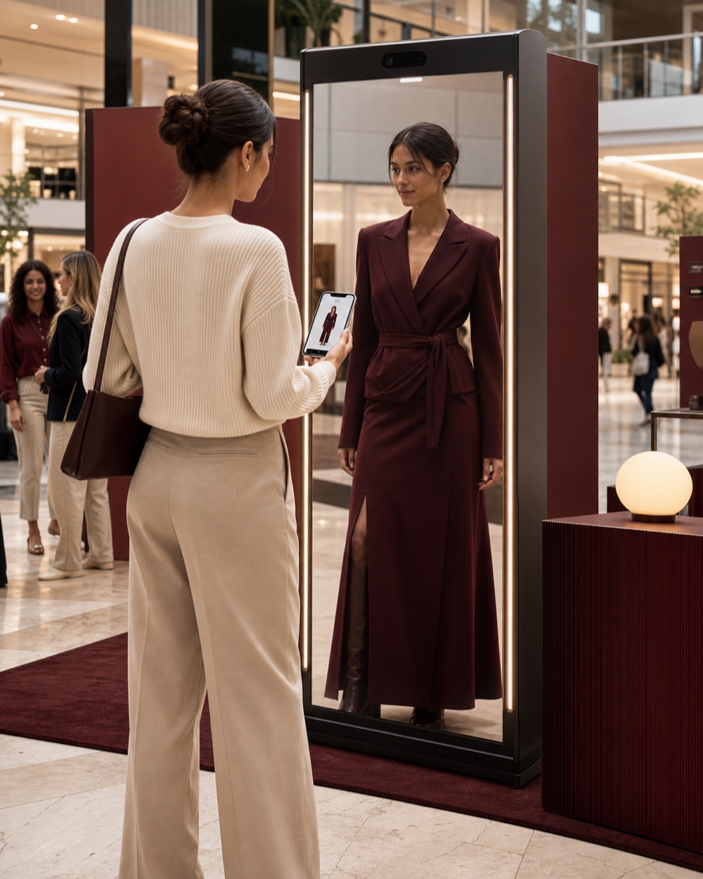 A shopper virtually tries an online brand’s look through DreamMirror in an open shopping-center activation